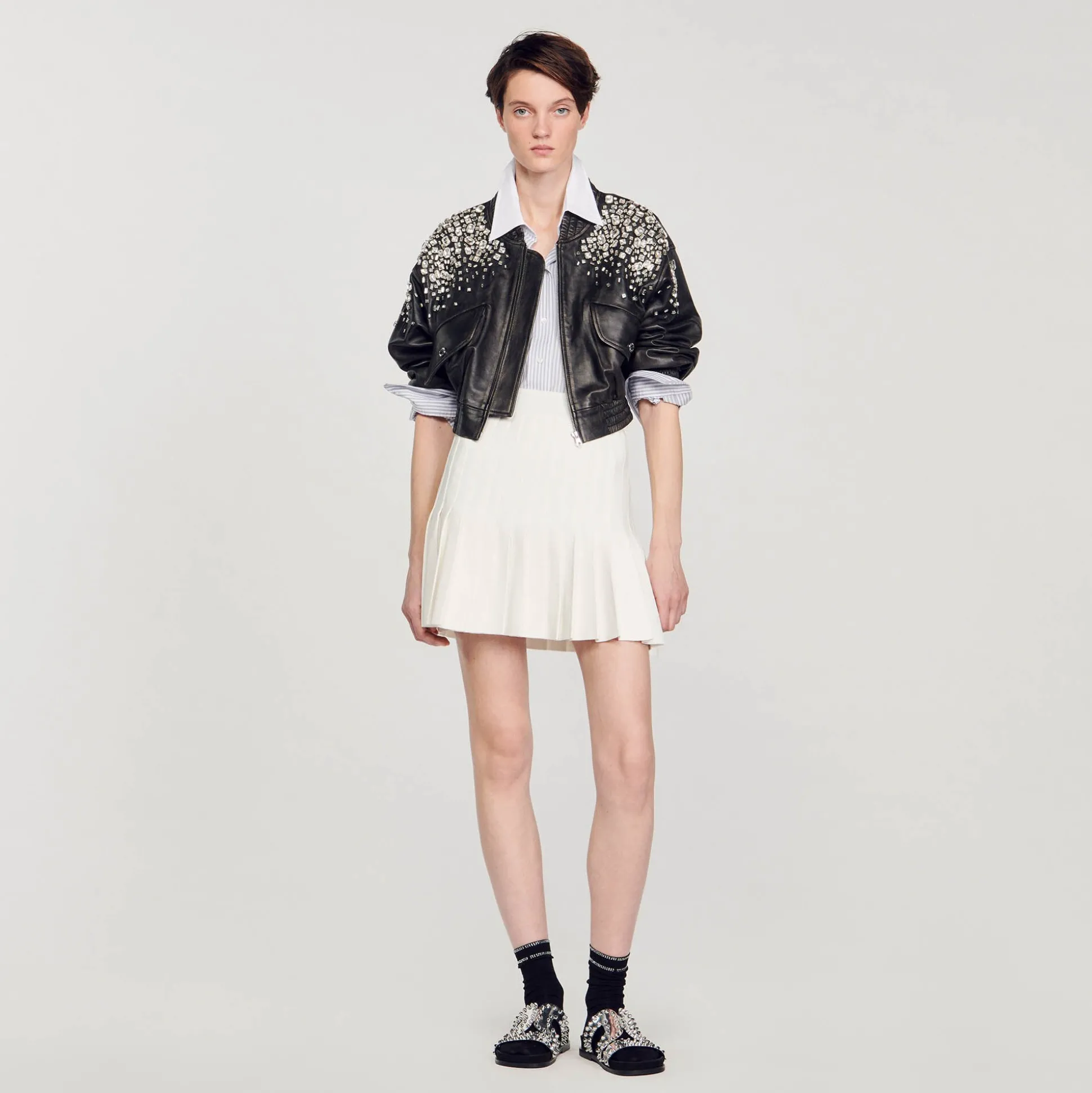 Blouson En Cuir Orné De Cristaux