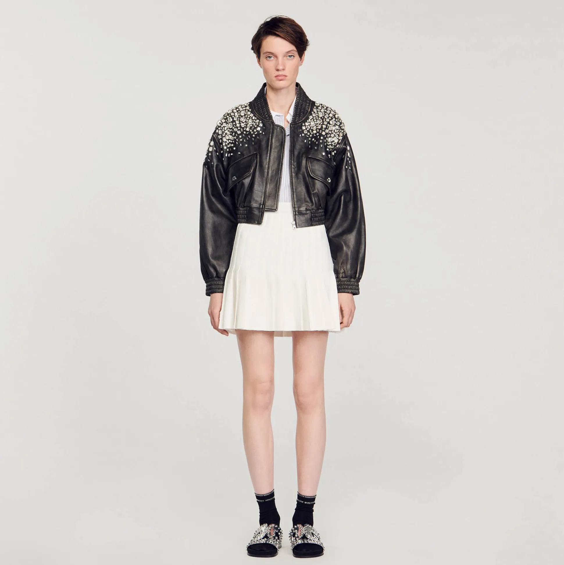 Blouson En Cuir Orné De Cristaux