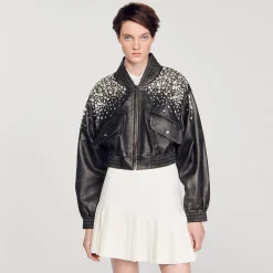 Blouson En Cuir Orné De Cristaux