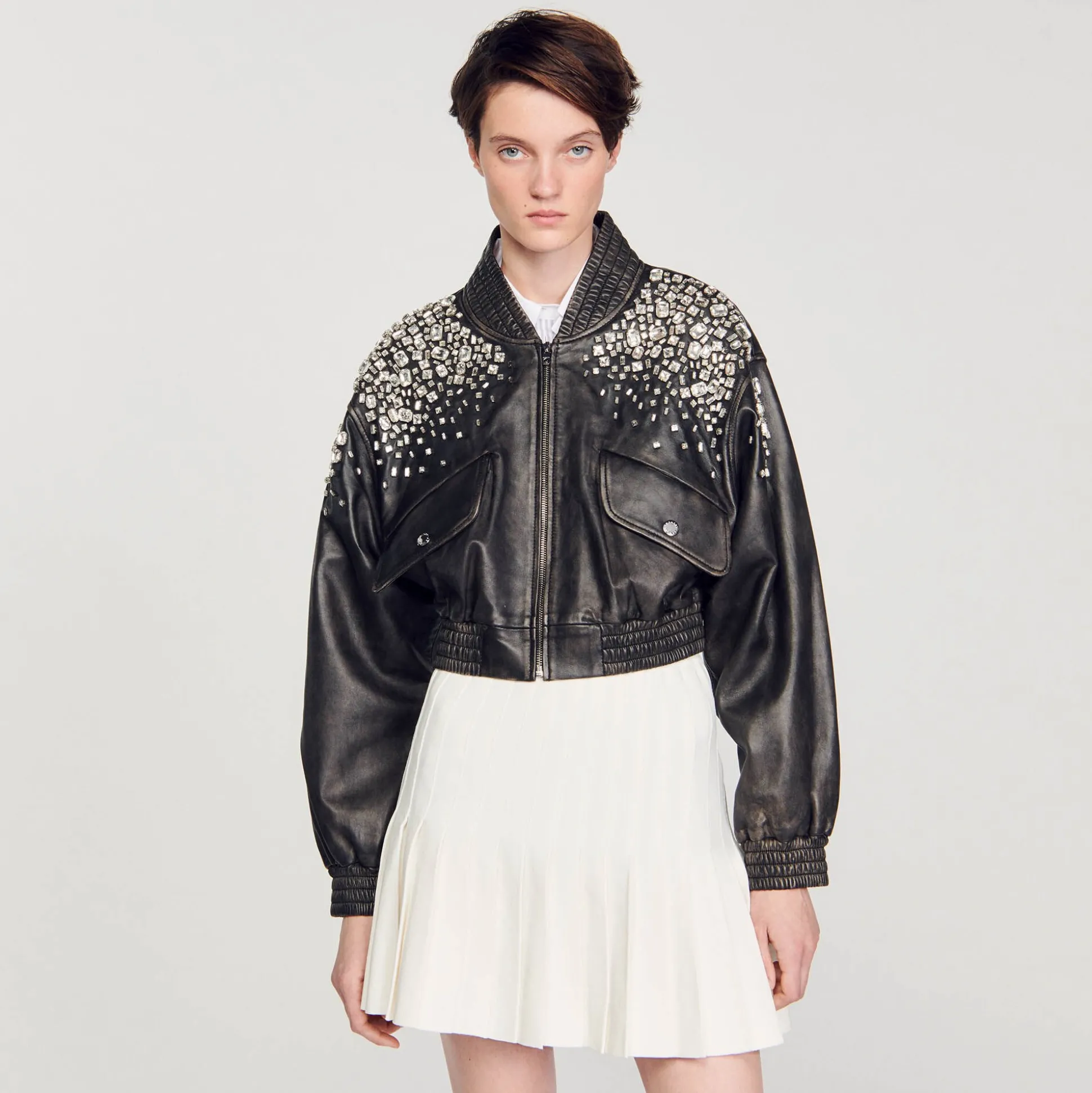 Blouson En Cuir Orné De Cristaux