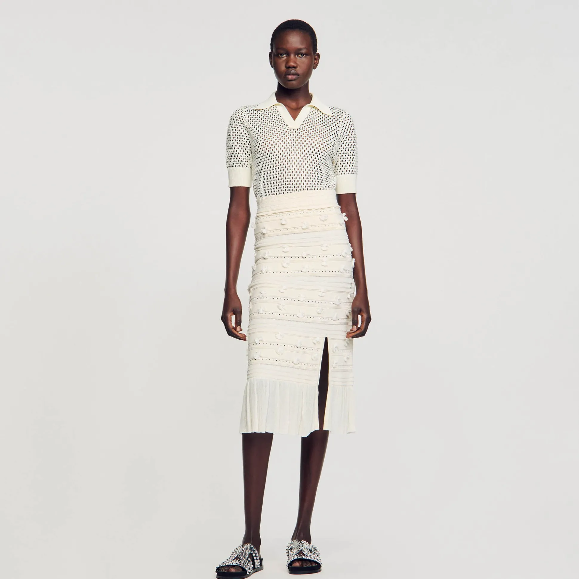 Jupe Midi En Maille Ajourée