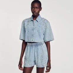 Short Large En Denim Orné De Strass
