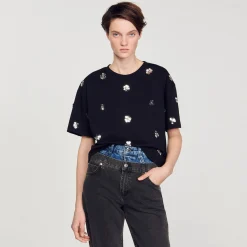 T-shirt Orné De Sequins Fleurs