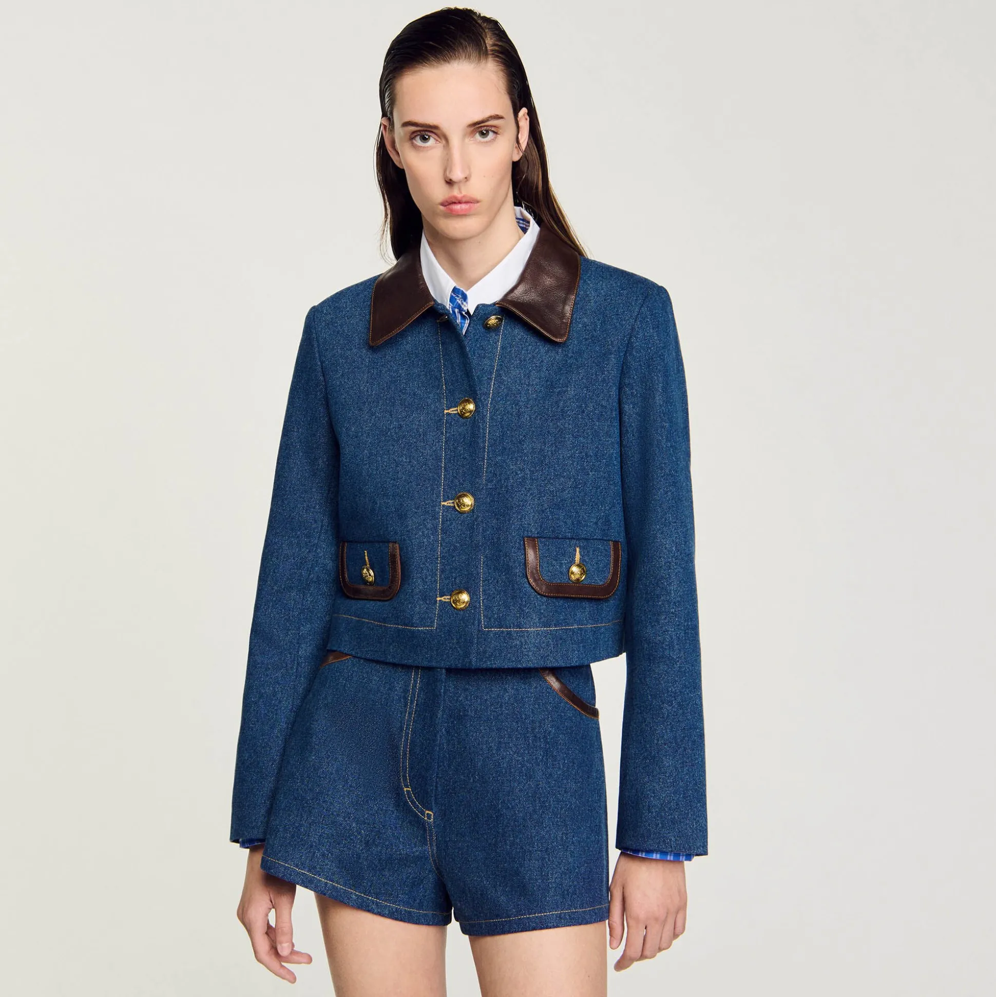 Veste En Jean à Col En Cuir